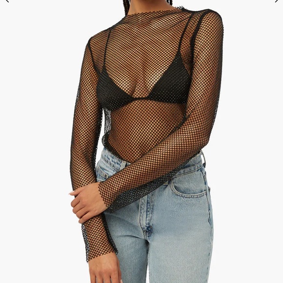 NWT WeWoreWhat Mesh Crystal Mock Neck Long Sleeve Sheer Rhinestone Sparkly Top M - Picture 1 of 16